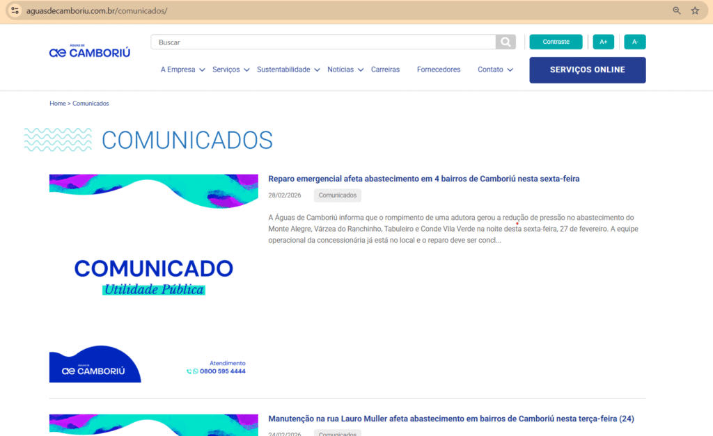 Veja como acompanhar comunicados oficiais de interrupções no abastecimento da Águas de Camboriú
